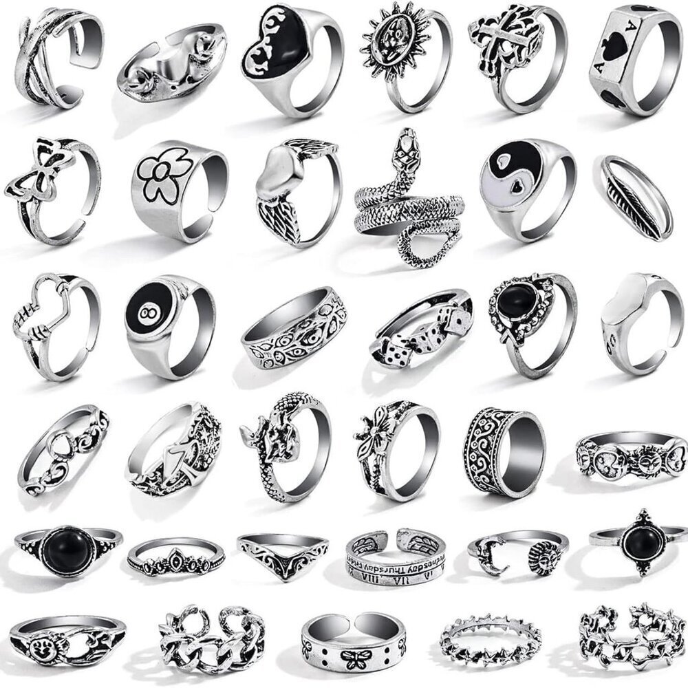 Vintage Silver Knuckle Rings Set 26-35 Pcs Gothic Stackable Adjustable Jewelry